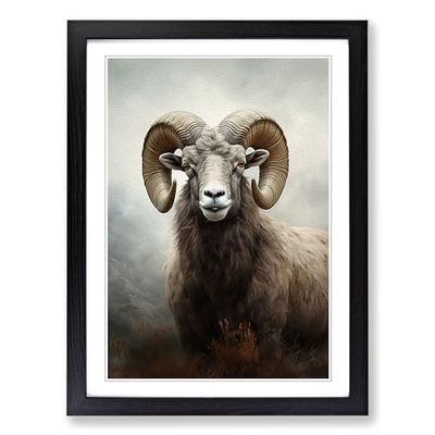 Ram Sheep Digital Framed Wall Art Print, Ready to Hang Picture for Living Room Bedroom Home Office, Black A2 (48 x 66 cm)