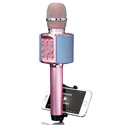Lenco BMC-090 - Micrófono Karaoke - Bluetooth V4.2 - Con soporte para smartphone - 5 vatios RMS - Efectos de luz LED - Batería integrada con 1200mAh - Android y iOS - Rosa
