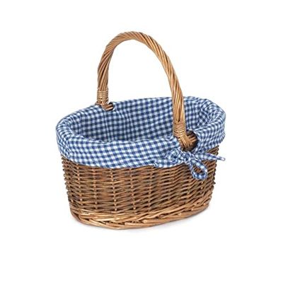 Red Hamper C082blue Wicker Small Blue Checked Lined Country Oval Shopping Basket