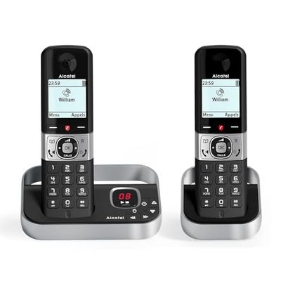 ALCATEL F890 Voice Duo - Téléphone Fixe Sans Fil DECT Avec Répondeur - Écran Graphique Haute Résolution - Mains Libres - Blocage Des Appels - Sonnerie VIP - Répondeur 50 Min - 2 Combinés - Noir/Gris