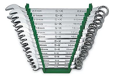 SK Professional Tools 86265 Jeu de 15 clés mixtes 12 pans métriques longues – Finition SuperKrome, lot de 15 clés chromées, fabriquées aux États-Unis