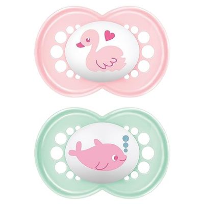 MAM Original Dummy i set om 2, tandvänlig babynapp tillverkad av hållbara och organiska förnybara material, napp av MAM SkinSoft silikon, med napplåda, 6–16 månader, svan/delfin