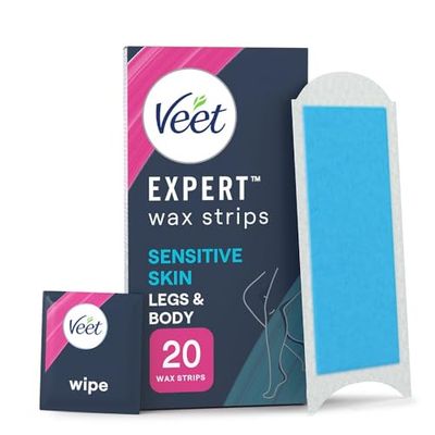 Veet Expert Cold Wax For Sensitive Skin, Hair Removal On Legs & Body, 20 Strips + 2 Finish Wipes, Effective For Men, Smooth Results