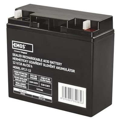 EMOS - Bateria de chumbo sem manutenção - Bateria AGM de 12 V 18 Ah - Para iluminação de emergência, sistemas de alarme, dispositivos SAI - controlada por válvula, válvulas de segurança