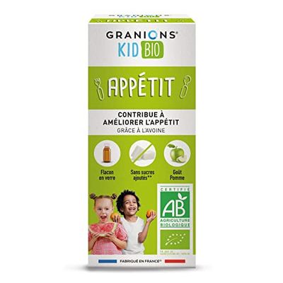 GRANIONS KID BIO APPÉTIT - Certifié BIO - Goût Pomme - Contribue à stimuler l'appétit - Formule naturelle à base de sirop d'agave - Dès le plus jeune âge - Flacon de 125 ml - Made in France