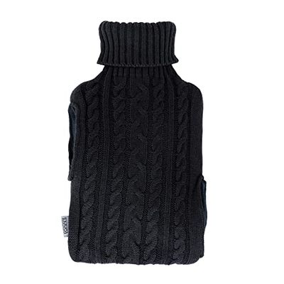 LIVIVO 2L Hot Water Bottle with Insulating Cover and Pockets for Hands - Keep Cosy and Warm (Black Knit)