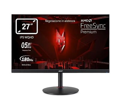 Acer Nitro XV271UM3bmiiprfx, Monitor Gaming PC 27", Display IPS WQHD, 180 Hz, 0,5 ms, FreeSync Premium, HDMI 2.0, DP 1.2, ZeroFrame, Speaker Integrati, Regolazione in altezza, Cavi DP, HDMI Inclusi