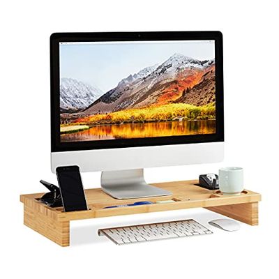 Relaxdays Suporte para monitor e portátil com compartimentos, bambu, castanho, 9 x 60 x 30 cm