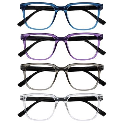 OPULIZE LEO Reading Glasses - 4-Pack - Large Rectangular Frame - Blue, Purple, Grey, Clear - Mens Womens - Spring Hinges - RRRR55-357C - +2.00