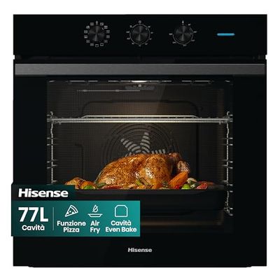 Hisense BI64111AB Forno Multifunzione Termoventilato, Cavità XXL 77 Litri, 12 Funzioni Cottura, Pulizia Acqua Clean, Classe A, Preriscaldamento Rapido, Funzione Pizza 300 °C, Air Fry, nero
