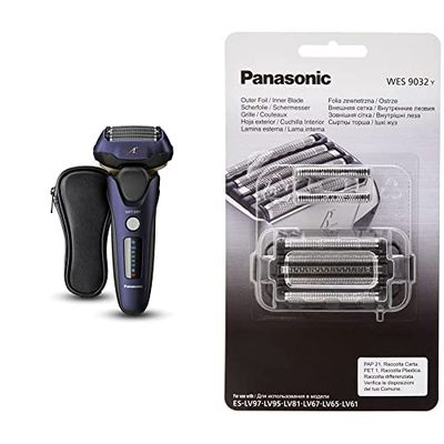 Panasonic ES-LV67 5-Blade Wet & Dry Electric Shaver for Men, Rechargeable, Responsive Beard Sensor, Multi-Flex 16D Head(Navy and Black) (UK 2pin Bathroom Plug) & WES9032Y1361 Outer foil Pack Blade