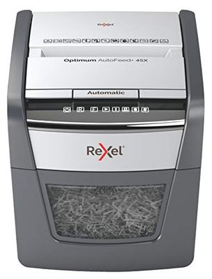 Rexel Optimum AutoFeed+ 45X Distruggidocumenti automatico CH, 45 fogli, livello di sicurezza P4, taglio a particelle, per casa/ufficio domestico, contenitore per rifiuti da 20 litri, con spina di