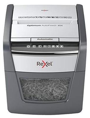 Rexel Optimum AutoFeed+ 45X - Destructora automática de papel 45 hojas, nivel de seguridad P4, corte en partículas, para el hogar y la oficina en casa, cubo de basura de 20 litros, 2020045XCH