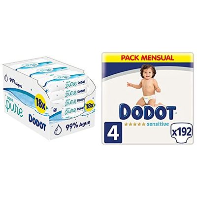 Dodot Aqua Pure Lingettes pour bébé, 99% d'eau, 864 lingettes, 18 paquets (18 x 48) & Sensitive Couches Taille Talla 4 blanc