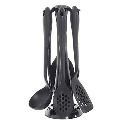 XSS 6-Piece Black Kitchen Utensils Set - Plastic Free, Nylon, Triangular, Rectangular, Serving, Dishwasher Safe