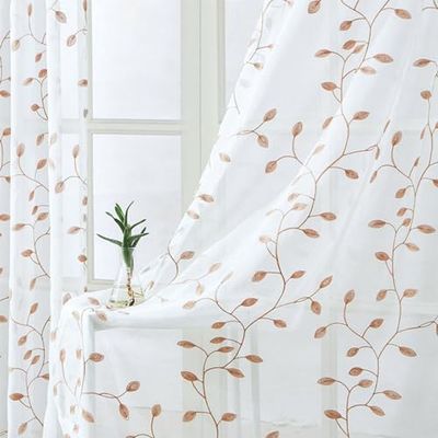 Uppsättning av 2 gardiner transparent gardin, blad, broderi, med öljetter, voile, gardiner, fönsterdekoration, dekorativ gardin för vardagsrum, sovrum, barnrum, 140 x 245 cm, beige