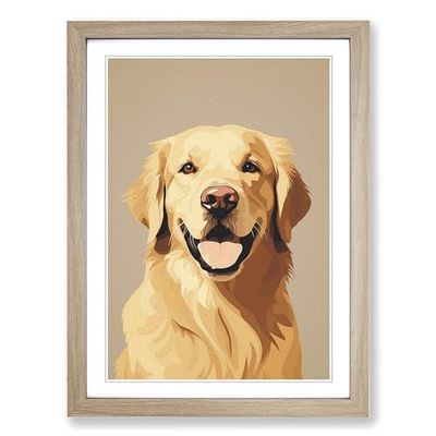 Golden Retriever Minimalism Framed Wall Art Print, Ready to Hang Picture for Living Room Bedroom Home Office, Oak A2 (48 x 66 cm)