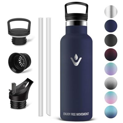 Vikaster Bouteille isotherme - Thermos 500ml, Gourde Avec Paille, Gourdes Sans BPA, Gourde Enfant & Adulte pour Sport, école, Bureau, Gym, Voyage, Bleu Foncé
