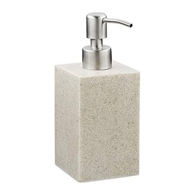 Relaxdays Dispenser di Sapone, 300ml, Portasapone Ricaricabile Manuale, Accessorio Bagno & Cucina, Rettangolare, Sabbia, Poliresina, 17.5 x 7 x 8 cm