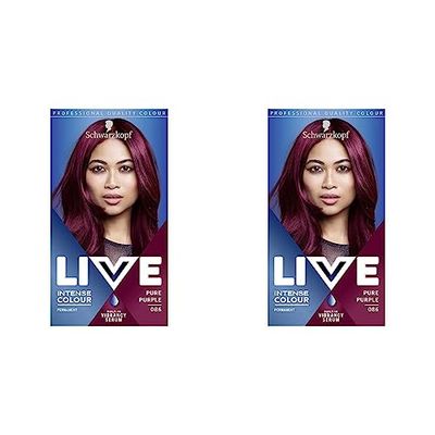 Schwarzkopf LIVE Intense Colour, Long Lasting Permanent Purple Hair Dye, With Built-In Vibrancy Serum, Up To 50% Grey Coverage, Pure Purple 086 (Pack of 2)