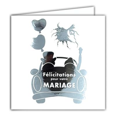 AFIE 22241 Tarjeta cuadrada Felicitaciones para su boda coche de los novios plateado brillante con sobre blanco 15x15cm pareja ramo globos corazones creación edición impresión fabricación francesa
