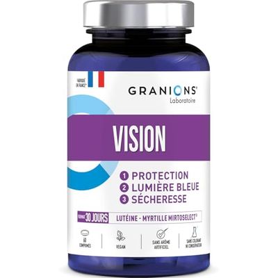 Vision GRANIONS | Complement alimentaire yeux | Mirtoselect + Lutéine + Zéaxanthine + Vitamines | Tension oculaire, vue, yeux secs et fatigués | Made in France |Format 1 mois
