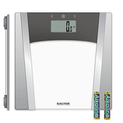Salter 9127 SVSV3R Glass Analyser Bathroom Scale – 180KG Electronic Body Weight Scale, Measures Body Fat, Body Water, Muscle Mass, Bone Mass, BMI and BMR, 10 User Memory, Step-On, Batteries Included