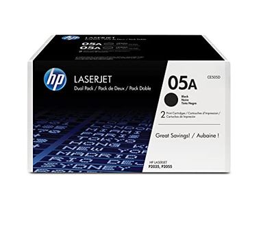 HP 05A CE505D, Multipack da 2 Toner Originali HP da 2300 Pagine, Compatibile con le Stampanti HP LaserJet P2035, P2055, P2055D,P2055DN e P2055, Nero