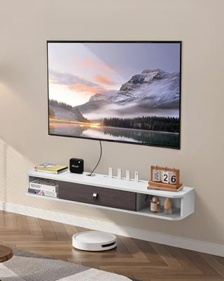 VEVOR Zwevende tv-standaard, 47 inch wandmontage, entertainmentcentrum met kabelgat, moderne zwevende tv-plank met opbergkast, spaanplaatconsole voor dvd-speler, kabelbox, gameconsole, wit