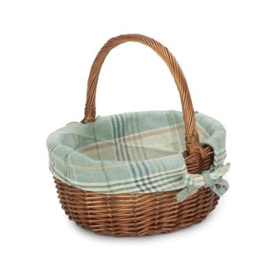 Double Steamed Oval Wicker Shopping Basket Cream Tartan Lining