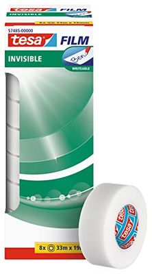 tesa Invisible Matte Invisible Adhesive Tape, ageing-Resistant and Tear-Resistant, 33 m x 19 mm, Pack of 8, Transparent, 33 m: 19 mm
