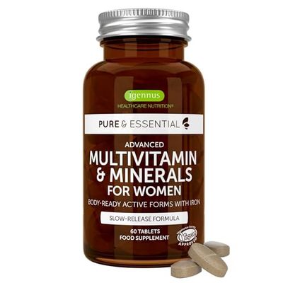 Igennus Methylated Women's Multivitamin with Gentle Iron, 21 Active Nutrients, Pure & Clean, High Strength B-Vitamins, Easy-to-Swallow, Sustained Release, 60 Vegan Tablets, 30 Servings