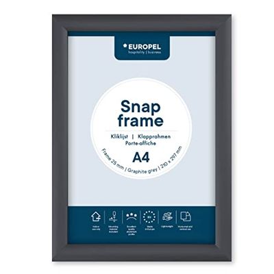 EUROPEL Cadre porte-affiche clipsable A4, profil 25x11 mm, couleur gris graphite, aluminium anodisé et protecteur anti-reflet, dimensions 241x328 mm, dos polystyrène gris