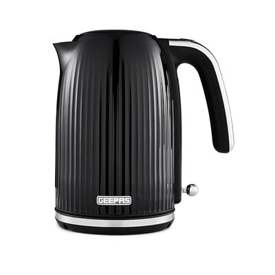 GEEPAS 1.7L Electric Kettle | Cordless Jug Kettle with Rapid Boil Auto Shut Off & Boil Dry Protection | 360° Rotational Base, Removable & Washable Filter for Hot Water Coffee Tea | 3000W Fluted Black