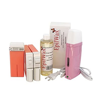 EpilWax Royal Complete Waxing Kit Body,Bikini,Face with: Professional Wax Heater 3 Roll-On Waxes 100 ml Pink,1 Bikini,1 Face,100 Strips,1 After Waxing Oil 250ml (Royal CMV Series)