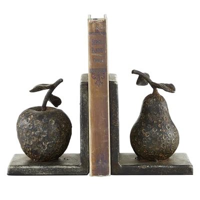 Deco 79 Metal Fruit Apple and Pear Bookends, Set of 2 5"W, 5"H, Gray