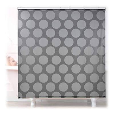 Relaxdays Cortina Enrollable Ducha Lunares, Estor Traslúcido, Repele Agua, Sujeción Techo/Ventana, 160x240 cm, Gris