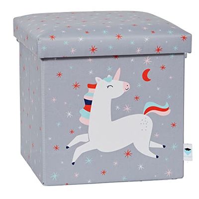 LOVE !T STORE !T 677109 Taburete con Espacio de Almacenamiento, Caja Acolchada de Tela de Alta Calidad, Cómodo y Extra Estable, Gris con Unicornio, 35cm x 35cm x 35cm
