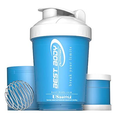 Best Body Nutrition - Coctelera de proteínas - Botella de EE. UU. - Azul/Blanco - Coctelera de proteínas - Sin BPA - 600 ml