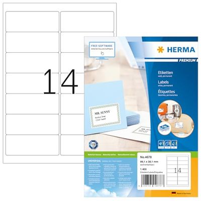 HERMA 4678 adressetiketter A4 (99,1 x 38,1 mm, 100 ark, papper, matt) självhäftande, utskrivbara, permanenta universella etiketter, 1 400 klistermärken, vit