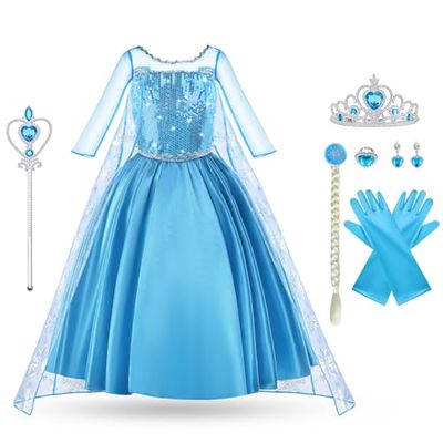 Vicloon Elsa-kostuum, prinsessenkostuum voor meisjes, met accessoires, Elsa-kostuum voor meisjes, Elsa-kostuum met kroon en toverstaf, prinsessenkostuum, Halloween-kostuum, Blauw 2, 100 cm