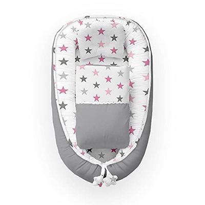 KOSPU Babynest avec Oreiller et Couverture pour Bébé, 100 % Coton, Rembourrage en Mousse de Polyester et Perles de Silicone, Pare-Chocs 90 X 70 cm, Couverture Bébé 75 X 50 cm