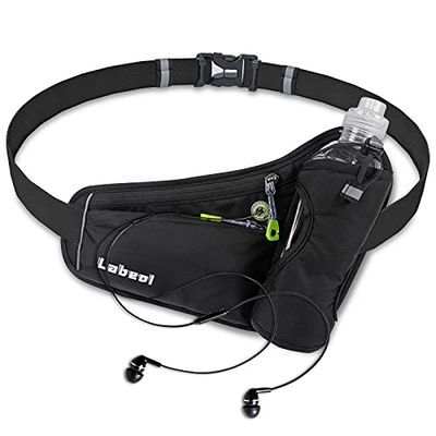 Labeol - Cinturón de hidratación para botella de agua para correr con soporte para botella de agua, riñonera reflectante ajustable con portabotellas, compatible con teléfono cinturón de correr, negro,
