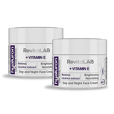 RevitaLAB Hyaluron Anti-Ageing Day and Night Cream, Enriched with Vitamin A (Retinol) Vitamin E, Liquorice Root Extract, Hyaluronic Acid and UV Filters, for Ages 60 – 75, 50 ml (Multipack)
