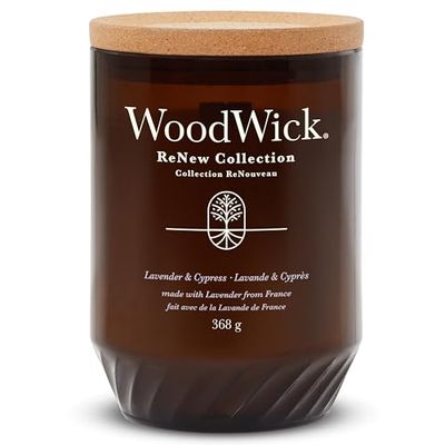 WoodWick Renew – Grande bougie parfumée avec mèche craquelante | Lavande et cyprès | Mélange de cire de soja et de noix de coco à base de plantes | Fabriquée avec des matériaux recyclés