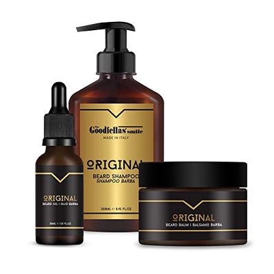 Kit Barba per Uomo The Goodfellas' Smile Original, 3 in 1 Set Regalo Cura della barba Uomo - con Shampoo Barba, balsamo, Olio - 100% Made in Italy