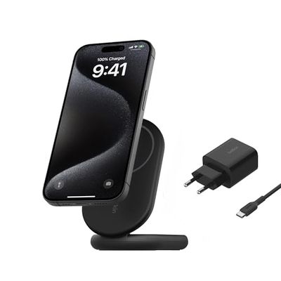 Belkin BoostCharge Qi2 oplader, magnetische inklapbare draadloze 15W laadstandaard, MagSafe-compatible snelle lader voor Qi2 apparaten, iPhone 16/15/14/13/12 Series, met voedingsadapter - Zwart