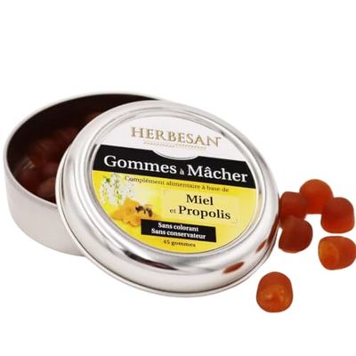HERBESAN®- GOMMES MIEL & PROPOLIS - Confort de la gorge - Fabrication française - Boîte métal - 45 gommes à mâcher
