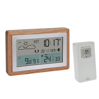 TFA Dostmann Draadloos weerstation met buitensensor OAK, 35.1167.54, weersvoorspelling, met houten frame, binnen- en buitentemperatuur, ventilatie-aanbeveling, dimbaar, incl. wekker, digitaal, bruin