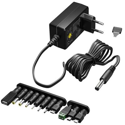 goobay 64568 Adaptador de Fuente Universal 3V - 12V, máx. 12 W/Adaptador de Fuente de alimentación para TV, ruter, Tiras LED/Voltaje Variable/USB C, USB A, Micro USB/Incl. 11 Conectores